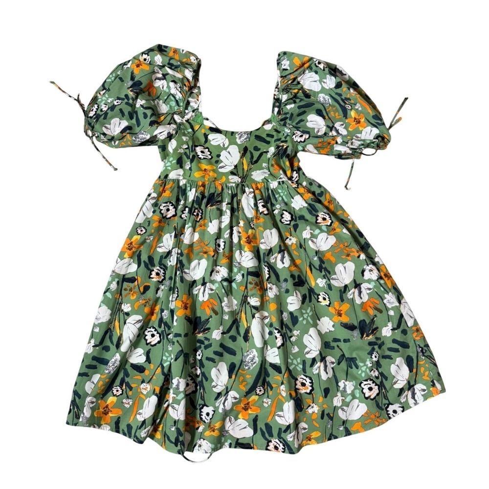 By Together Green Floral Puff Sleeve Lace Up Back Mini Dress L6258 Small (D)